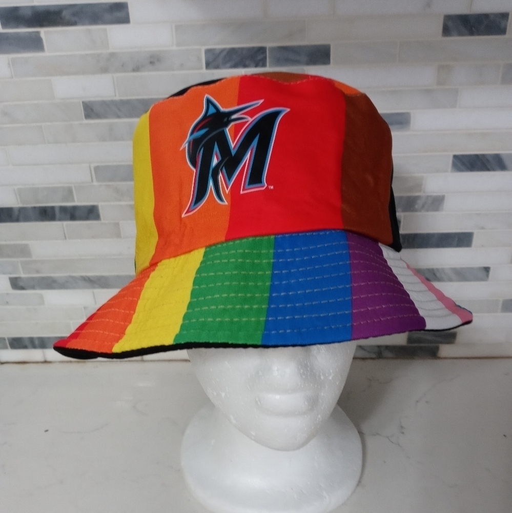 The Miami Marlins Pride rainbow Striped Reversible Bucket Beach Hat with Logo